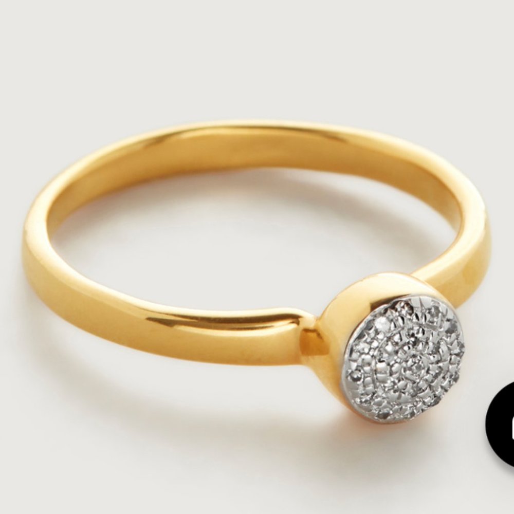 New In Box Monica Vinader Fiji Mini Button Stacking Ring - Gold Vermeil, Diamond
